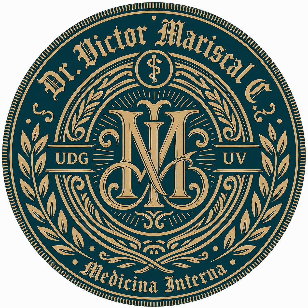 Emblema del Dr. Victor Mariscal en dorado y verde con monograma entrelazado y la leyenda Medicina Interna